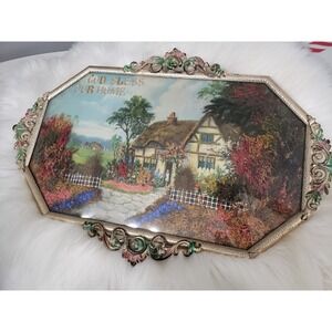 Antique God Bless Our Home Religious Bubble Glass‎ Picture w/Dried Flowers